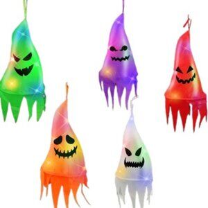 5 Pcs Halloween Decorations Outdoor Hanging Lighted Ghost Witch Hat Shapes 10LED
